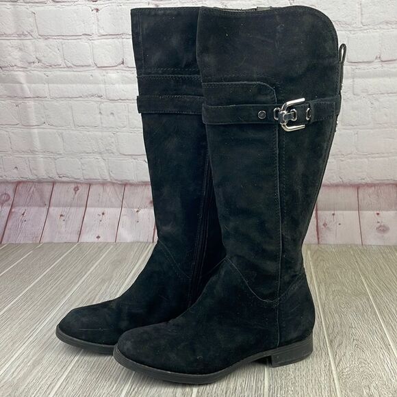 Marc Fisher. Black Suede Tall Boots w/ buckle strap detail.  Women's size 5 - Picture 1 of 9
